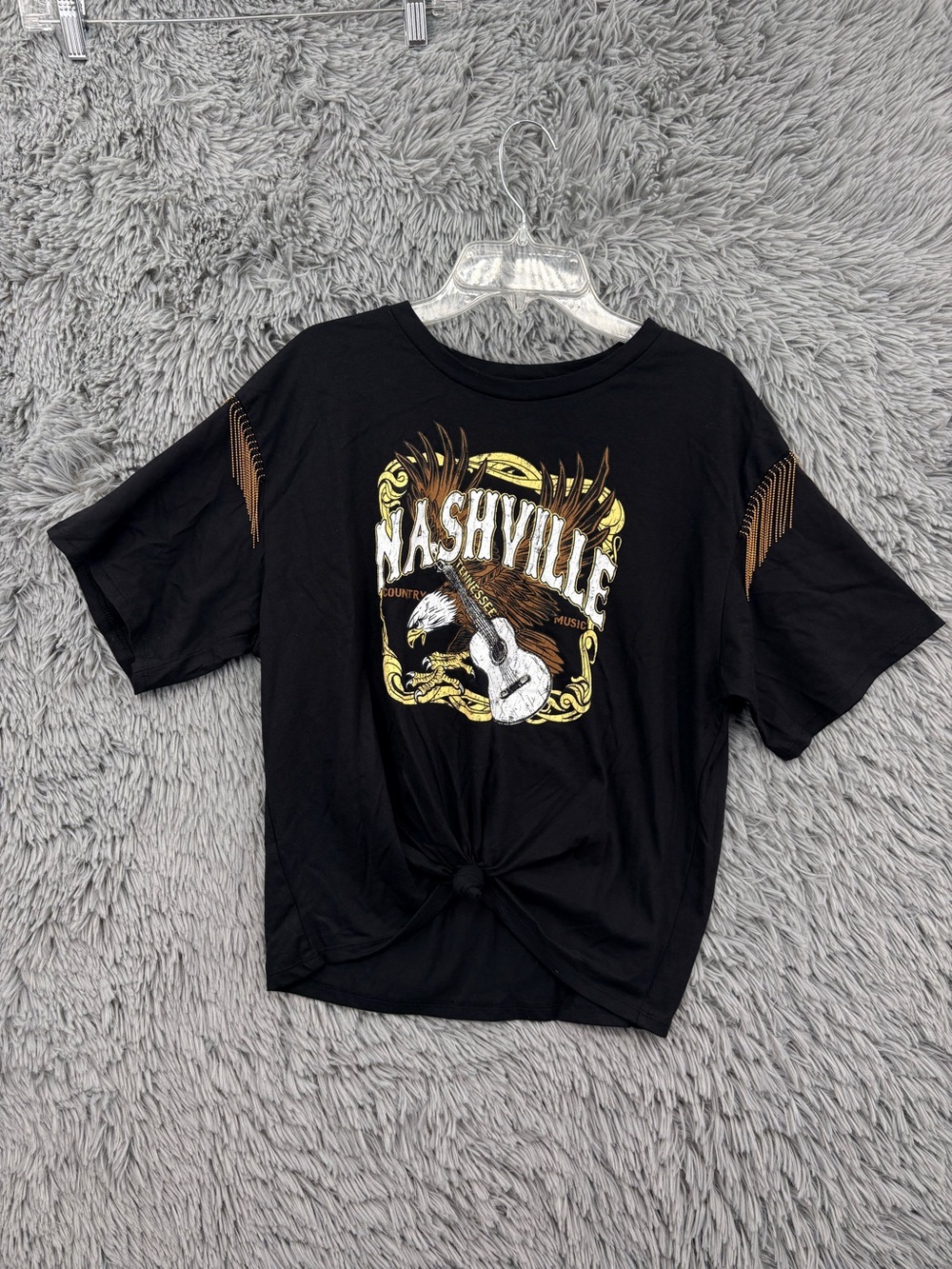 Organic Generation Nashville Crop Top Womens Medium Black Graphic Chain Fringe